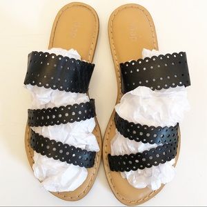 Gap Perforated Leather Three Band Strap Slip-on Slide Sandal Scalloped Black Tan